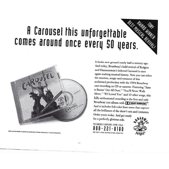 Carousel Tony Award Winner Musical Revival CD ADVERT 1990s Vintage Print Ad - Picture 1 of 4